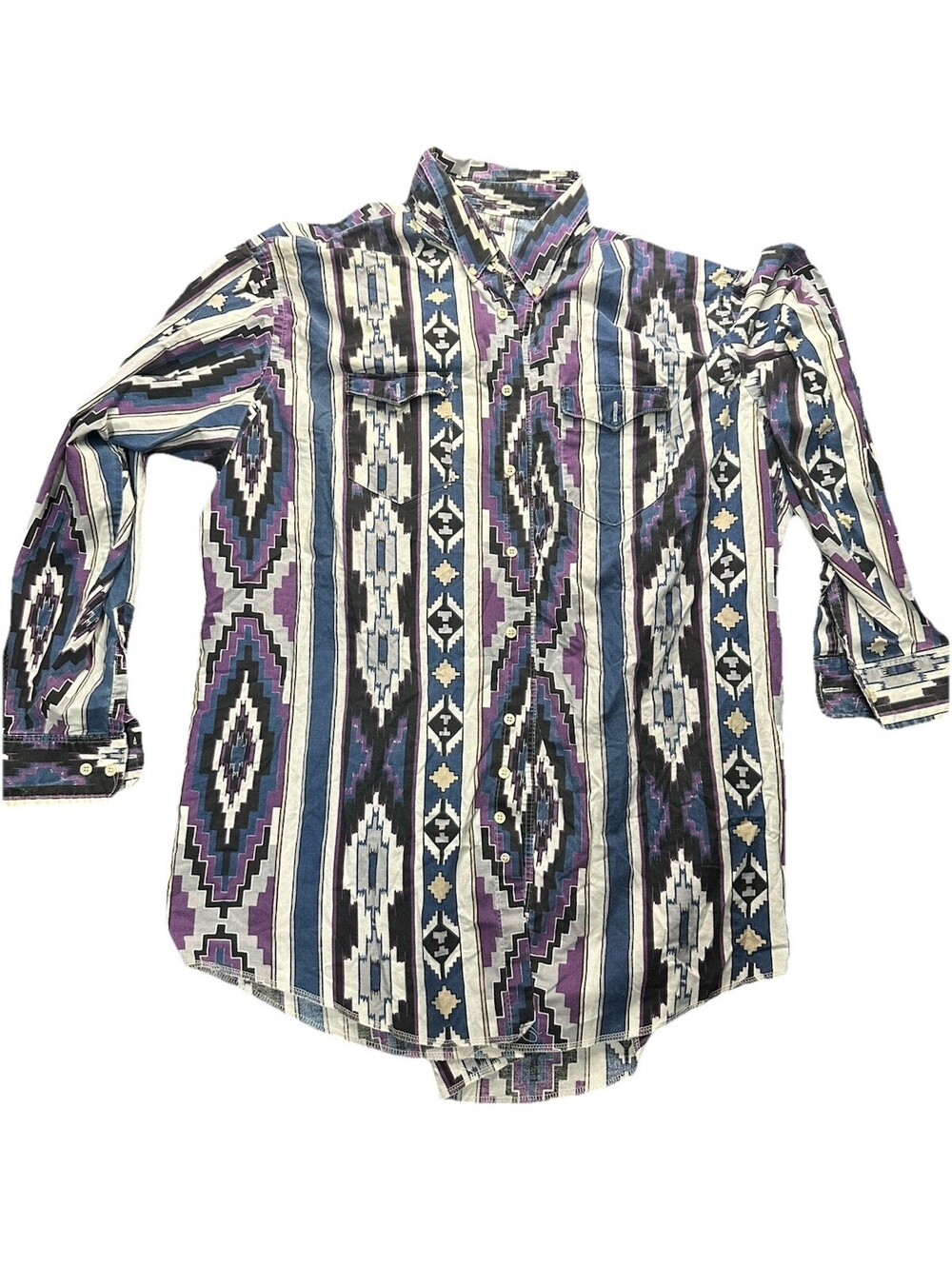 Vintage Wrangler Cowboy Cut Aztec Western Shirt Purple Blue USA Mens XL Tall